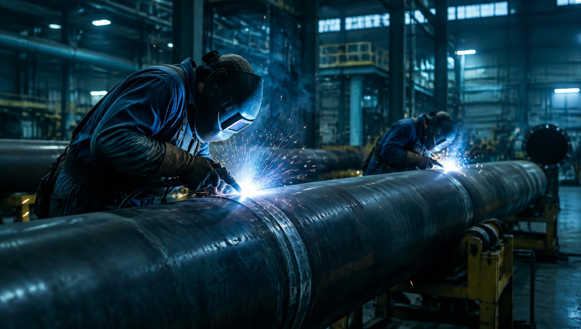 Soldadores trabalhando em tubulações industriais